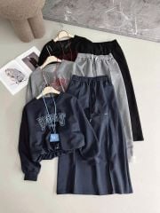 SKY9857 SET THUN ÁO CỔ TIM THÊU CHỮ - CHÂN VÁY DÀI (ĐEN)