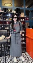 SKY9859 SET THUN ÁO CỔ TIM THÊU CHỮ - CHÂN VÁY DÀI (XÁM)