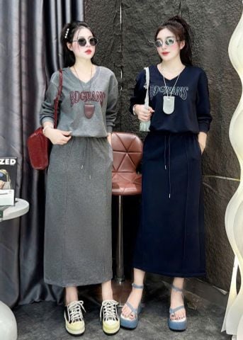 SKY9857 SET THUN ÁO CỔ TIM THÊU CHỮ - CHÂN VÁY DÀI (ĐEN)