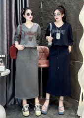 SKY9857 SET THUN ÁO CỔ TIM THÊU CHỮ - CHÂN VÁY DÀI (ĐEN)