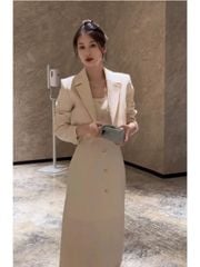 SKY9811 SET ĐẦM 2DÂY KÈM KHOÁC VEST PHỐI NÚT K.LOẠI (KEM)