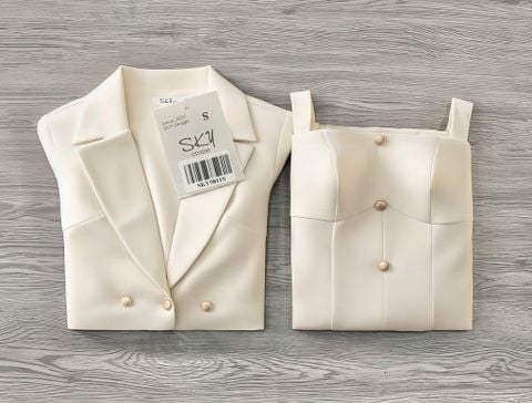 SKY9811 SET ĐẦM 2DÂY KÈM KHOÁC VEST PHỐI NÚT K.LOẠI (KEM)