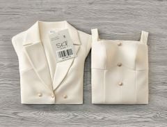 SKY9811 SET ĐẦM 2DÂY KÈM KHOÁC VEST PHỐI NÚT K.LOẠI (KEM)