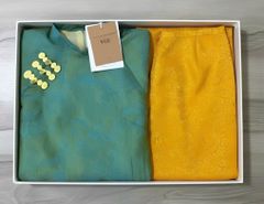 VGU2166 SET ÁO DÀI GẤM XANH NÚT TÀU - QUẦN VÀNG CAO CẤP