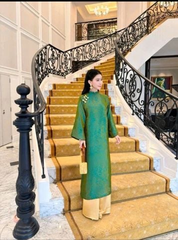 VGU2166 SET ÁO DÀI GẤM XANH NÚT TÀU - QUẦN VÀNG CAO CẤP