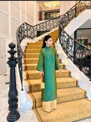 VGU2166 SET ÁO DÀI GẤM XANH NÚT TÀU - QUẦN VÀNG CAO CẤP