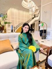 VGU2166 SET ÁO DÀI GẤM XANH NÚT TÀU - QUẦN VÀNG CAO CẤP