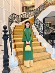 VGU2166 SET ÁO DÀI GẤM XANH NÚT TÀU - QUẦN VÀNG CAO CẤP