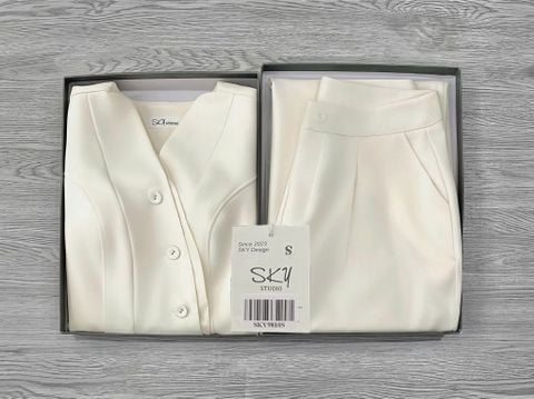 SKY9810 SET VEST TK NÚT VẠT XÉO - QUẦN DÀI CAO CẤP (KEM)