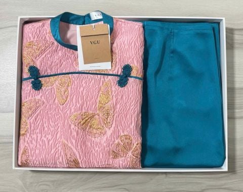 VGU2210 SET ÁO GẤM VÂN NỔI HT BƯỚM - QUẦN XANH