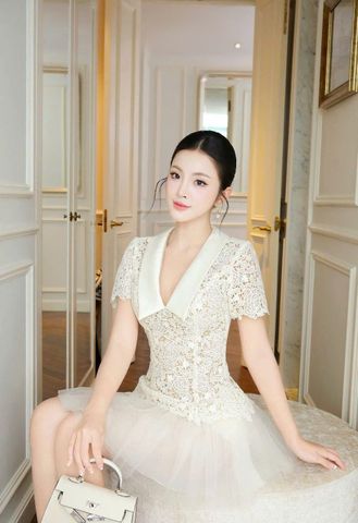 VGU2215 ĐẦM REN CỔ V NGẮN (KÈM QUẦN BH)