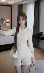 VGU2219 SET DẠ CỔ SEN TÙNG PEPLUM TAY DÀI - QUẦN SHORT