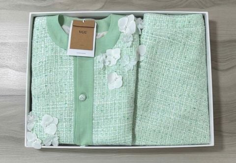 VGU2217 SET DẠ KẾT HOA XANH - CHÂN VÁY NGẮN (KO KÈM ÁO TRONG)