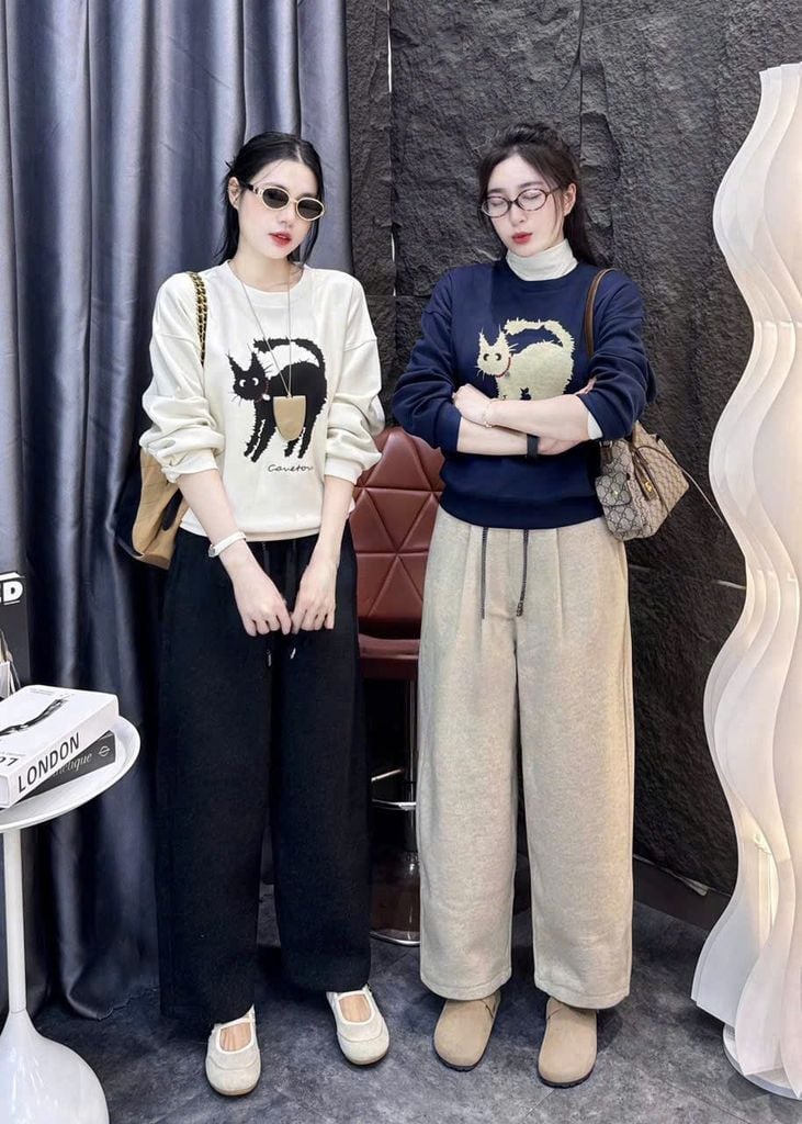 SKY0016 - ÁO THUN LẺ TAY DÀI IN CHÚ MÈO  ( MÀU KEM)