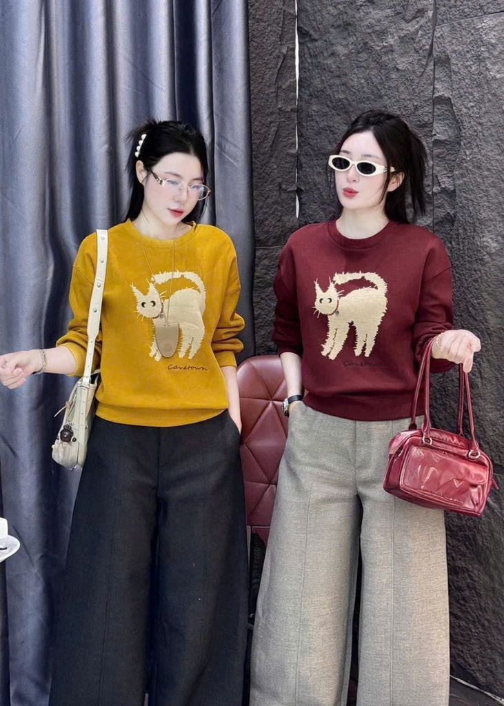SKY0015 - ÁO THUN LẺ TAY DÀI IN CHÚ MÈO  ( MÀU VÀNG)