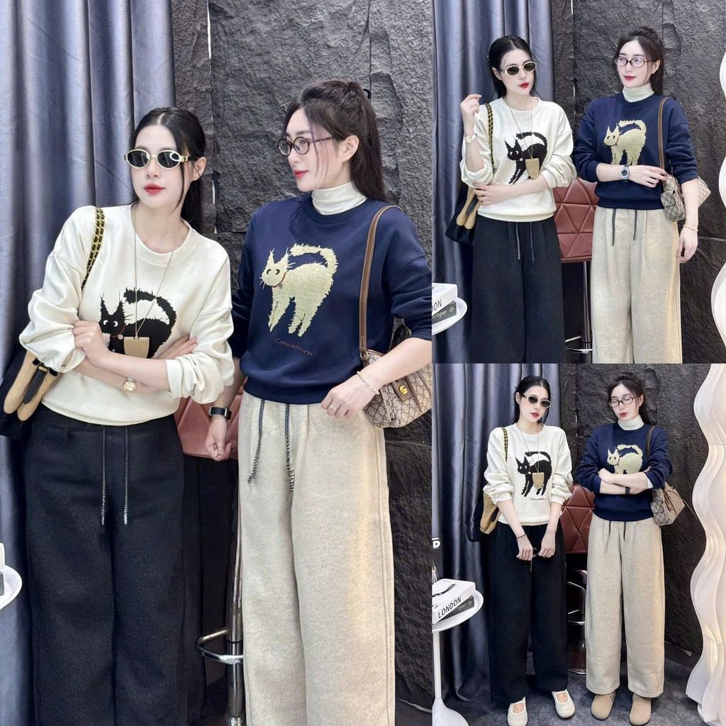 SKY0016 - ÁO THUN LẺ TAY DÀI IN CHÚ MÈO  ( MÀU KEM)