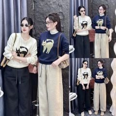 SKY0016 - ÁO THUN LẺ TAY DÀI IN CHÚ MÈO  ( MÀU KEM)