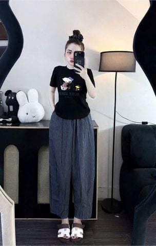 TB8594 - SET ÁO THUN IN HÌNH ĐEN + QUẦN DÀI SỌC