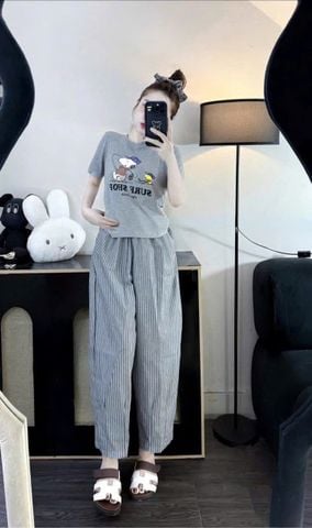 TB8595 - SET ÁO THUN IN HÌNH XÁM + QUẦN DÀI SỌC