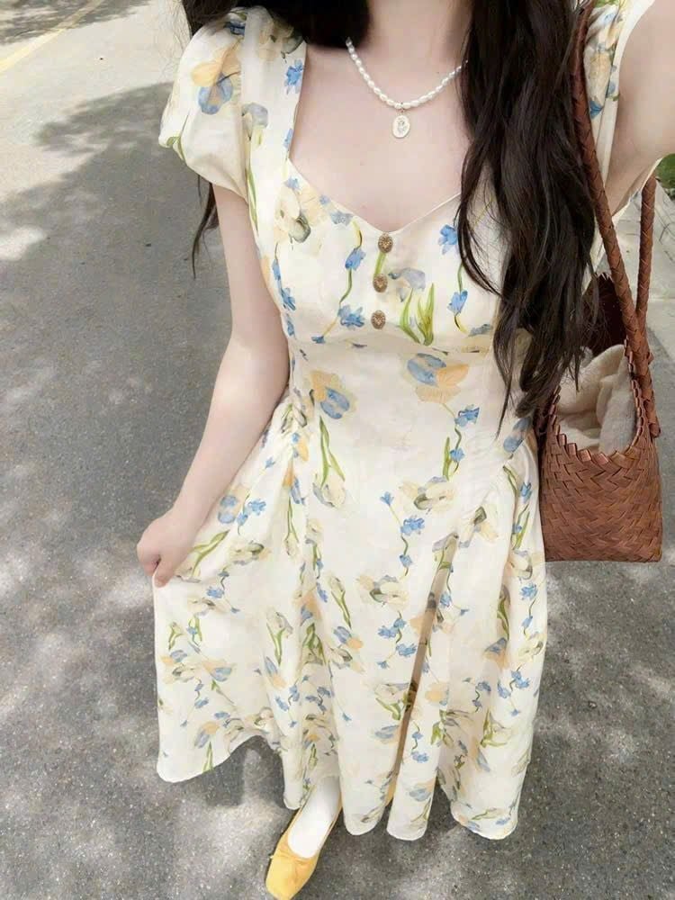 VGU0584 ĐẦM KEM HOA XANH