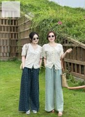 VGU0605 - SET ÁO CỔ TRÒN DÂY NƠ - QUẦN CHẤM BI XANH NHẠT