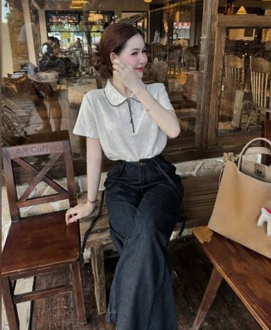 VGU0690 - SET ÁO THUN LOGO THÊU - QUẦN JEAN DÀI ( ÁO XÁM)