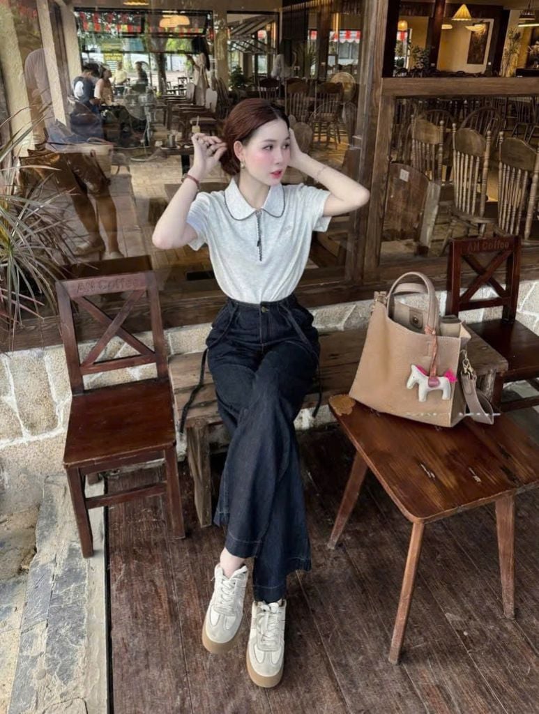 VGU0690 - SET ÁO THUN LOGO THÊU - QUẦN JEAN DÀI ( ÁO XÁM)