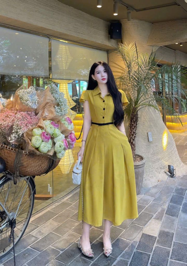 VGU0732 - ĐẦM DÀI XẾP LY VIỀN NƠ EO - MÀU VÀNG