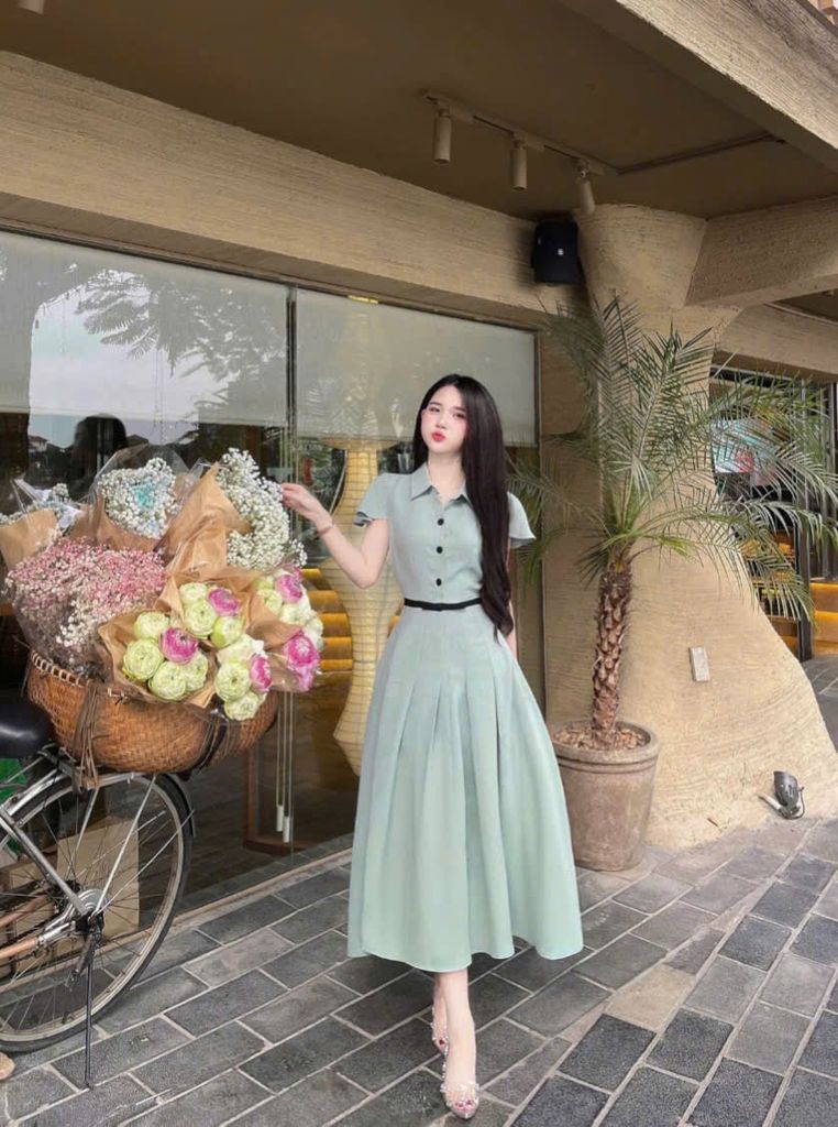 VGU0731 - ĐẦM DÀI XẾP LY VIỀN NƠ EO - MÀU XANH