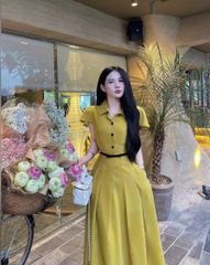 VGU0732 - ĐẦM DÀI XẾP LY VIỀN NƠ EO - MÀU VÀNG
