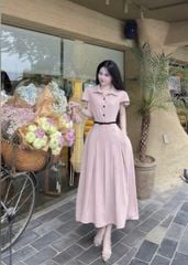 VGU0729 - ĐẦM DÀI XẾP LY VIỀN NƠ EO - MÀU HỒNG