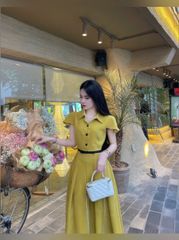 VGU0732 - ĐẦM DÀI XẾP LY VIỀN NƠ EO - MÀU VÀNG
