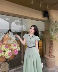 VGU0731 - ĐẦM DÀI XẾP LY VIỀN NƠ EO - MÀU XANH