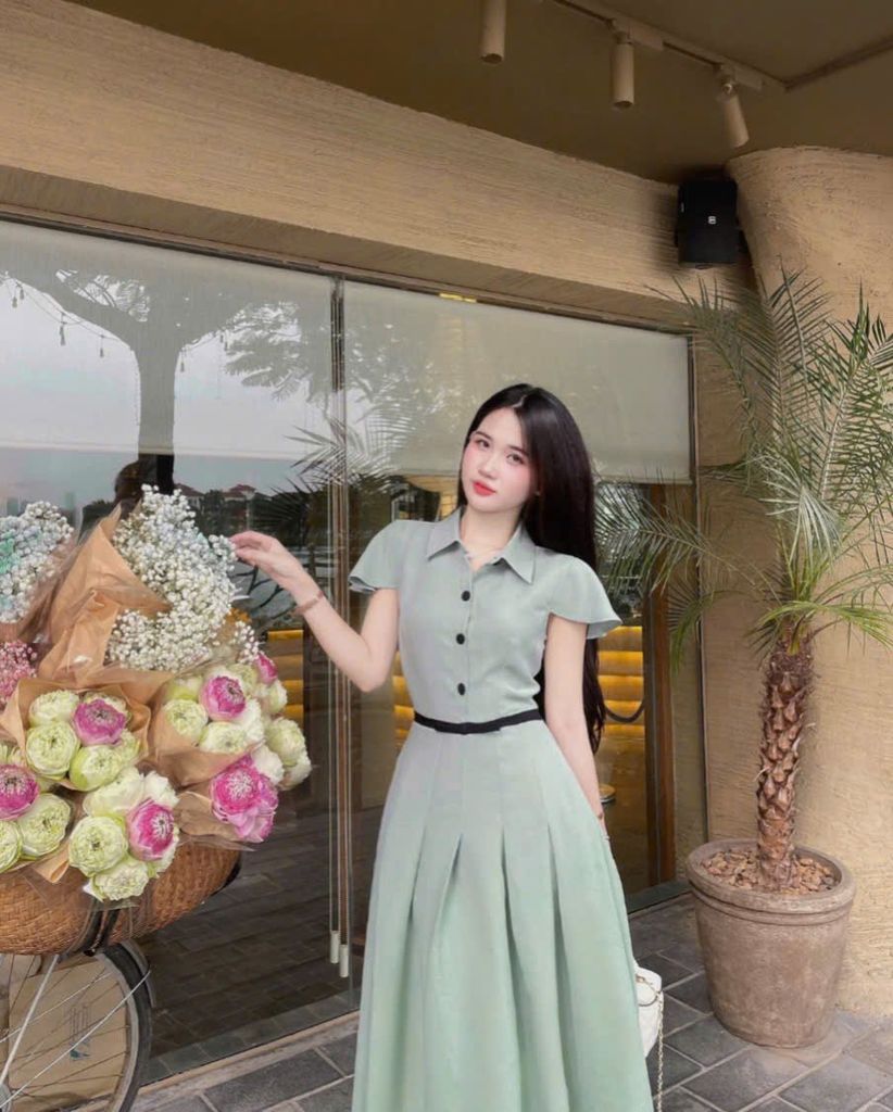 VGU0731 - ĐẦM DÀI XẾP LY VIỀN NƠ EO - MÀU XANH