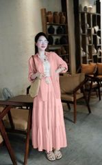 SKY8742 - SET 3 MÓN - ÁO SƠ MI + ÁO 2 DÂY + CHÂN VÁY HỒNG