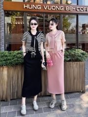 VGU0811 - SET ÁO THUN SỌC - CHÂN VÁY ĐEN ( KÈM KHĂN CHOÀNG)