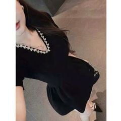 KS1049 - ĐẦM NGẮN ĐÍNH ĐÁ VIỀN CỔ