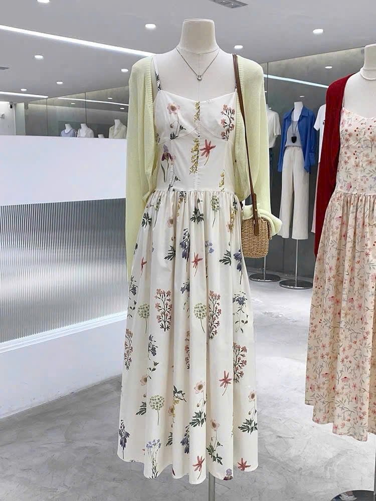 KS1042 - SET ĐẦM HOA + ÁO KHOÁC - MÀU KEM
