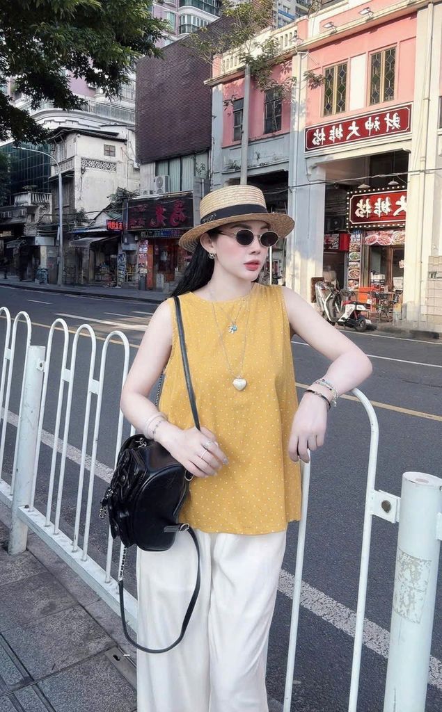 TB8814 - SET ÁO CHẤM BI SÁT NÁCH VÀNG - QUẦN DÀI VIỀN BÈO