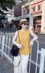 TB8814 - SET ÁO CHẤM BI SÁT NÁCH VÀNG - QUẦN DÀI VIỀN BÈO