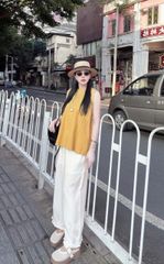 TB8814 - SET ÁO CHẤM BI SÁT NÁCH VÀNG - QUẦN DÀI VIỀN BÈO