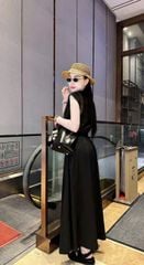 TB8877 - ĐẦM LỤA CỔ TIM, PHỐI LƯNG BẢN THUN - MÀU ĐEN