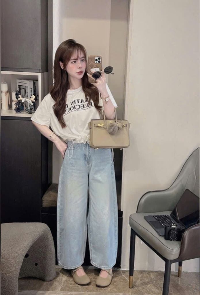 VGU0952 - SET ÁO THUN IN CHỮ RÚT DÂY EO- QUẦN JEAN DÀI
