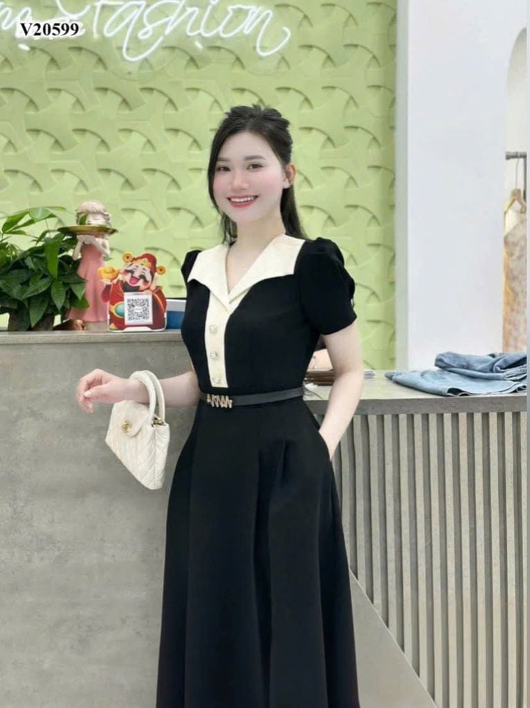 VGU0959 ĐẦM ĐEN CỔ SƠMI NÚT ĐÁ (KO NỊT)