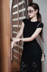 VGU0972 SET ÁO THUN TRƠN, CV REN DÀI (ĐEN)