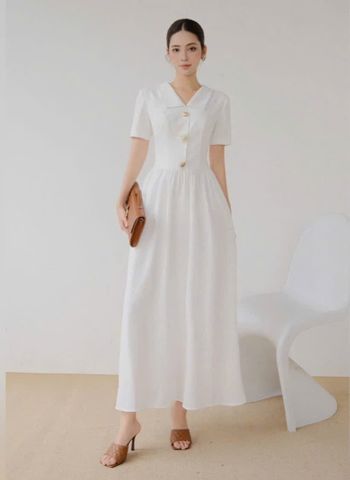 VGU0980 ĐẦM DÀI CỔ SƠMI PHỐI TAG (TRẮNG)