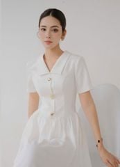 VGU0980 ĐẦM DÀI CỔ SƠMI PHỐI TAG (TRẮNG)
