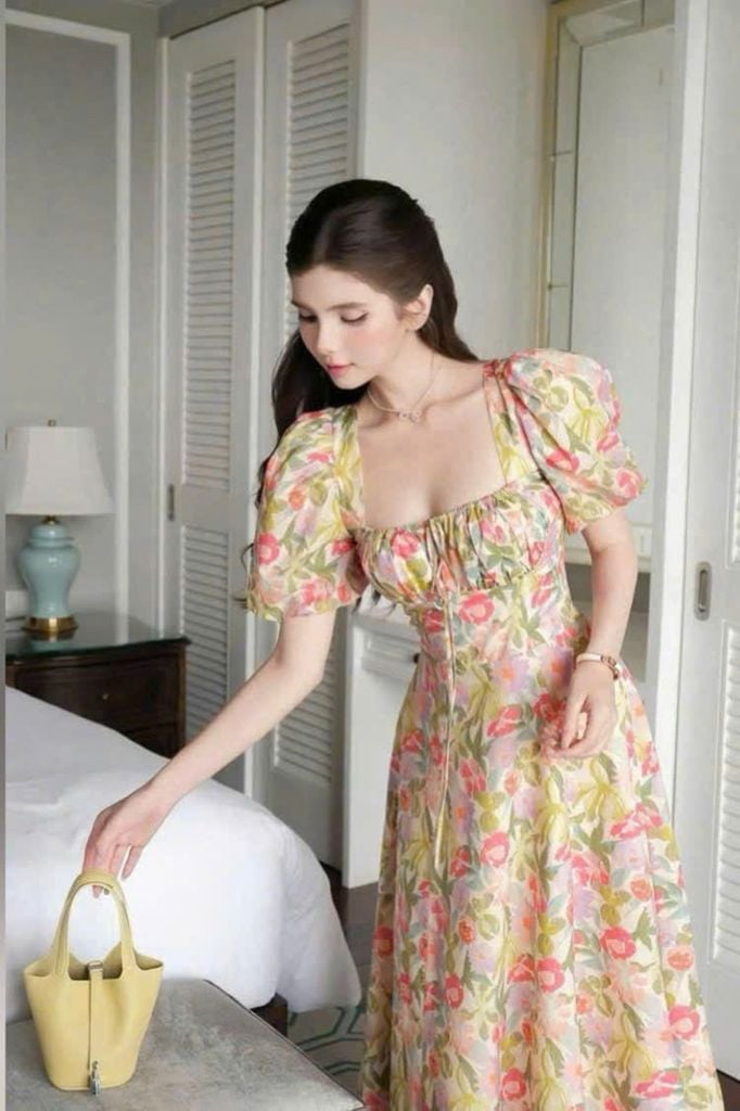 VGU1041 - ĐẦM DÀI HOA CỔ VUÔNG