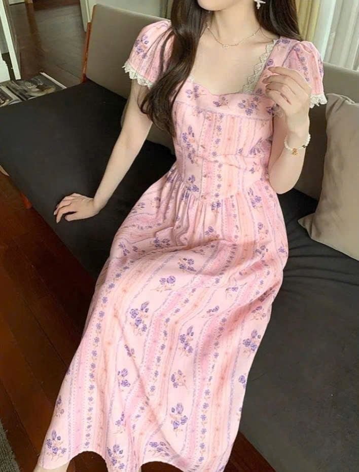 VGU1062 - ĐẦM HỒNG VIỀN REN HỌA TIẾT XANH