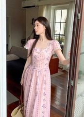 VGU1062 - ĐẦM HỒNG VIỀN REN HỌA TIẾT XANH